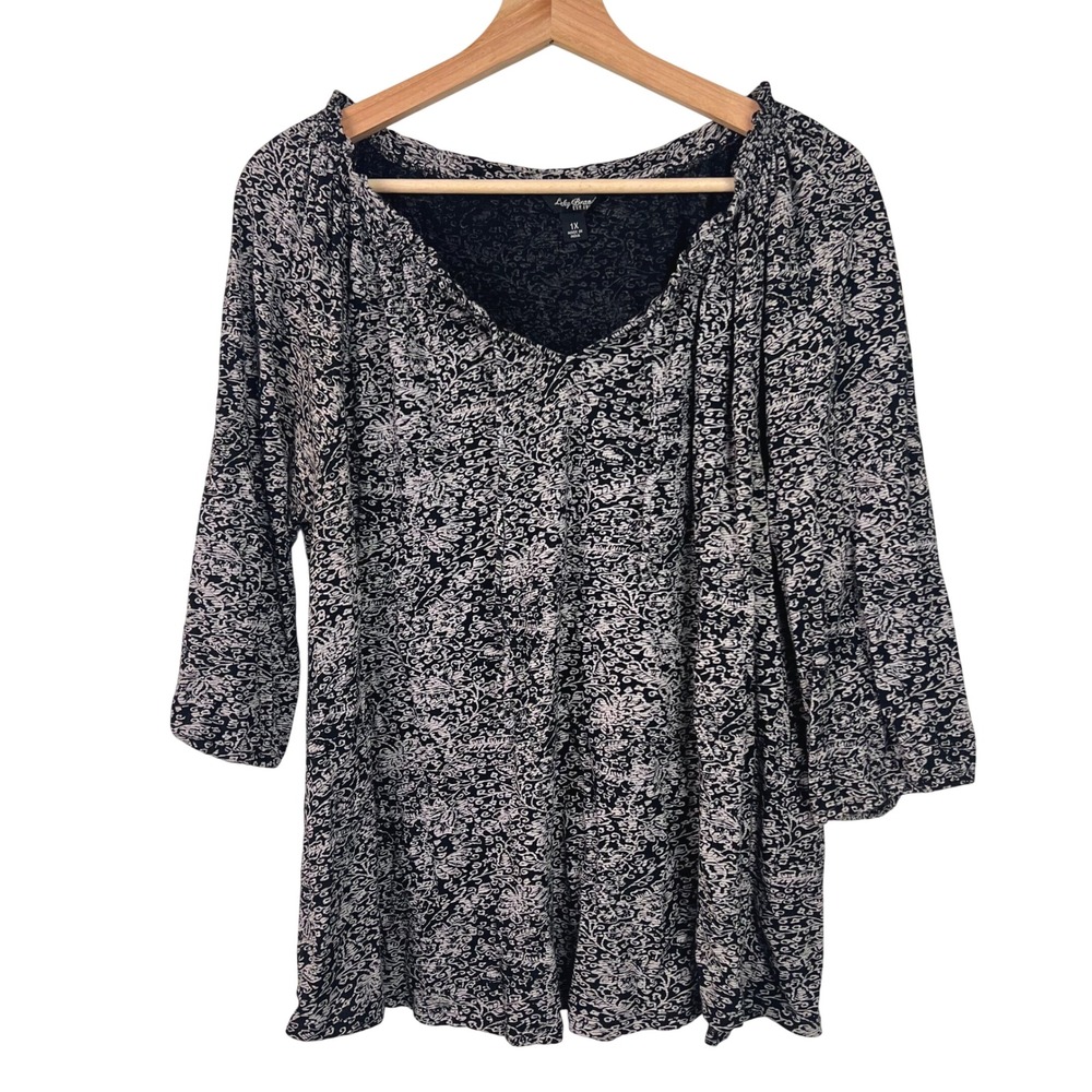 Lucky Brand Womens 1X Black White Floral V-Neck 3/4 Sleeve Knit Peasant Top